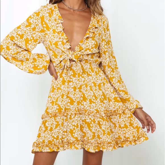 Ruffle Floral Long Sleeve Boho Gypsy Dress Yellow - Picture 5 of 14